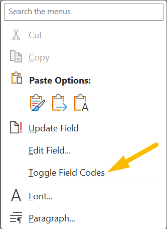 toggle field codes