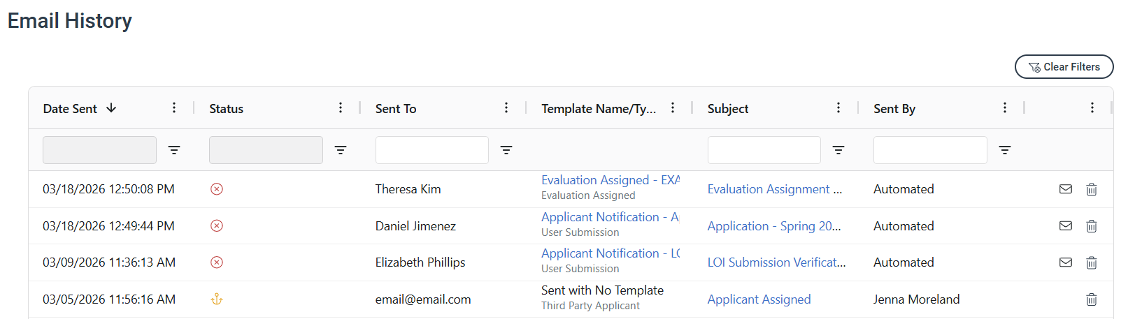 Email History page