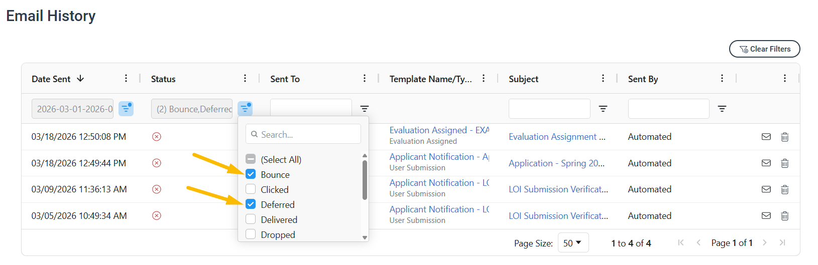 Status checkboxes