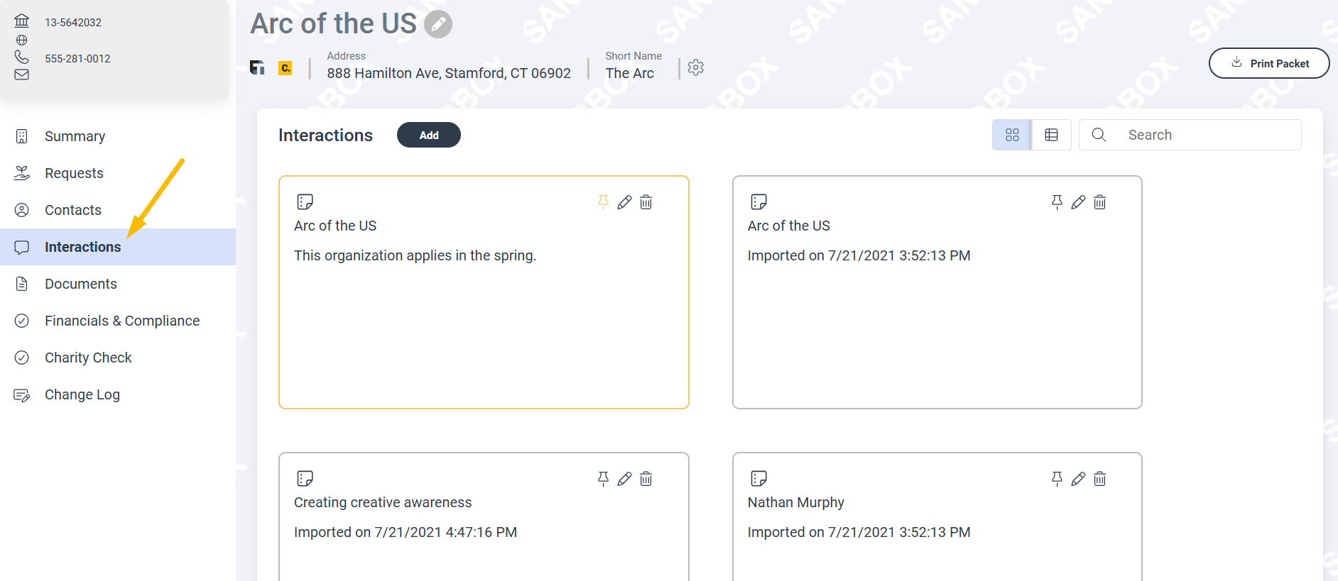 Interactions page