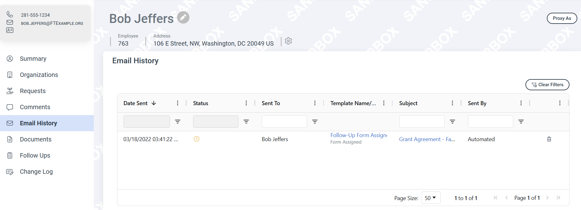 Email History page