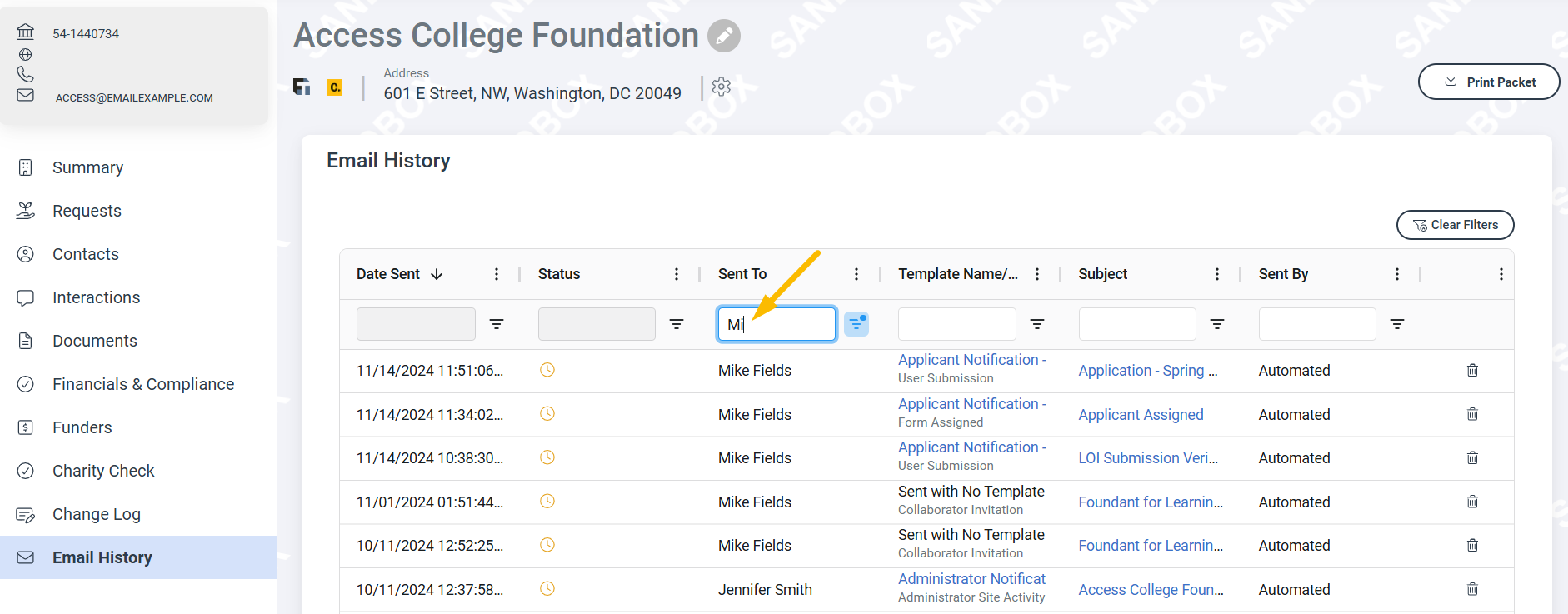 Column search fields