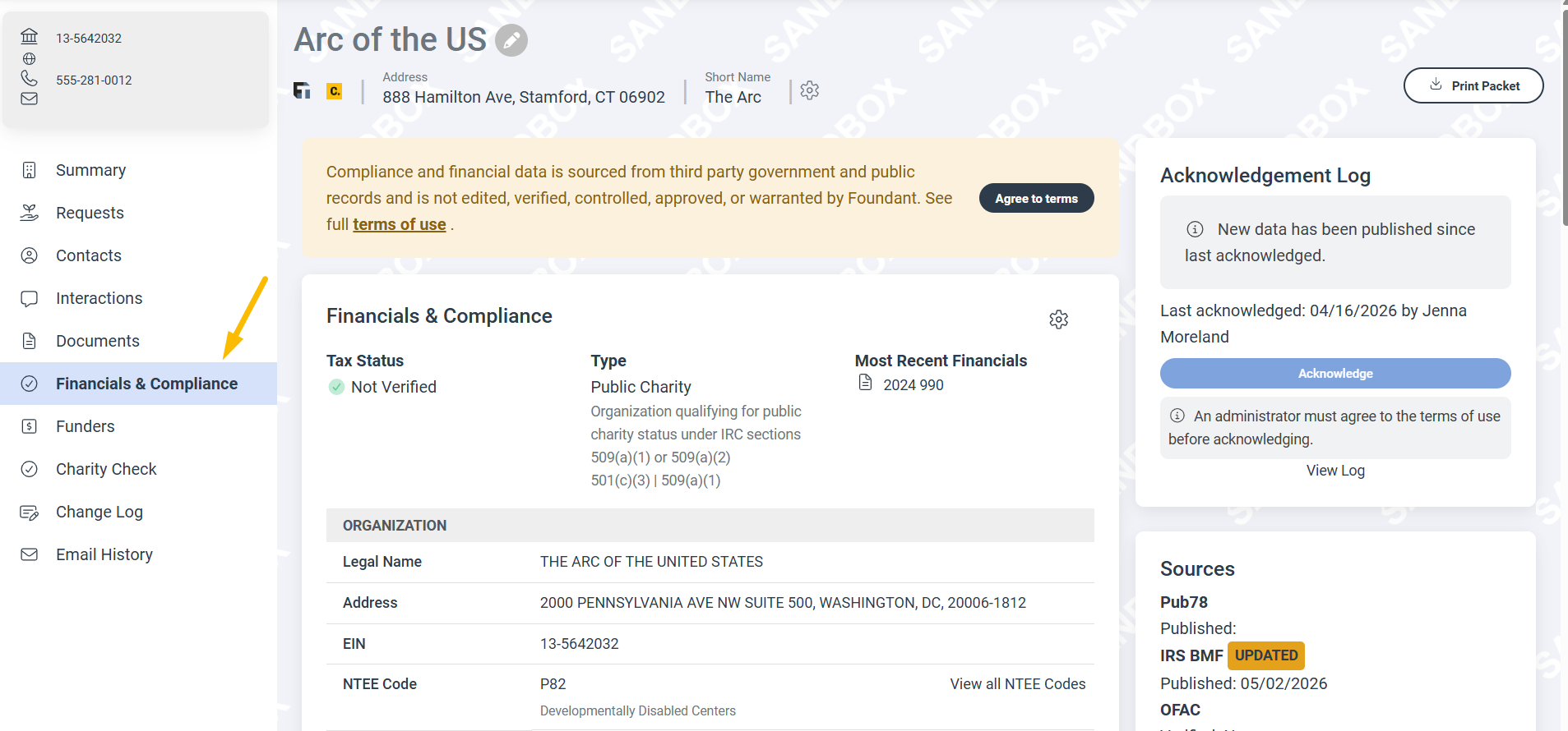 Financials and Compliance page
