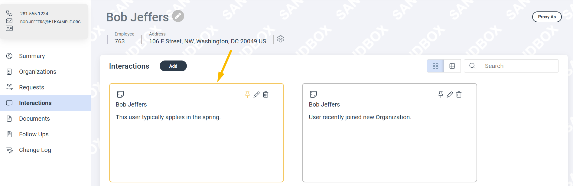 Pinned interaction indicator