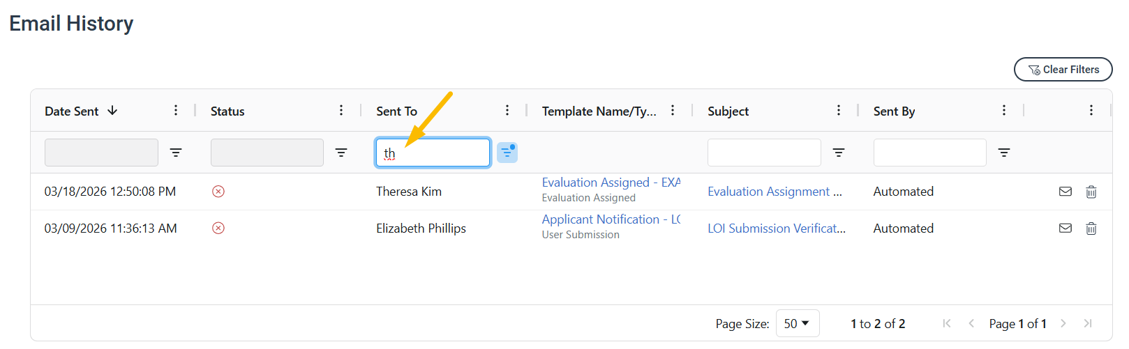 Column search field