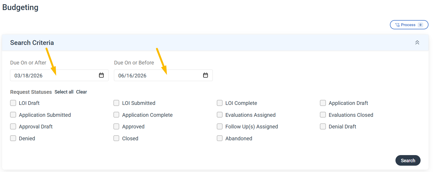 due on or after and due on or before fields