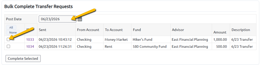 post date and transfer request check box