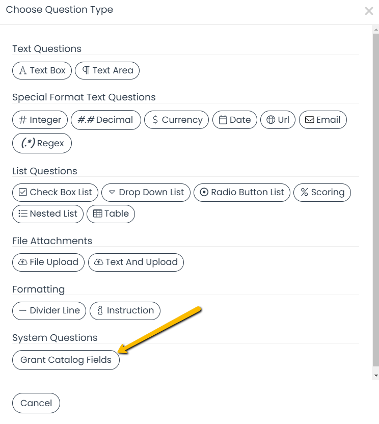 grant catalog fields