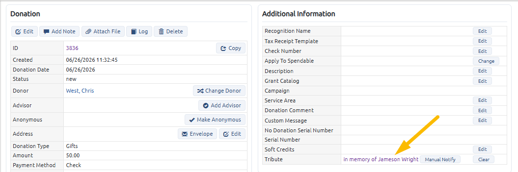 tribute on the donation record