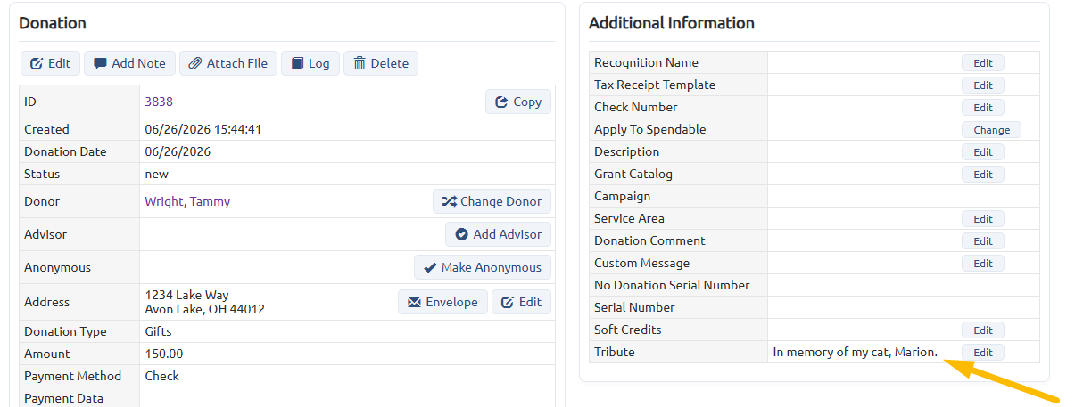 non-notify tribute on donation