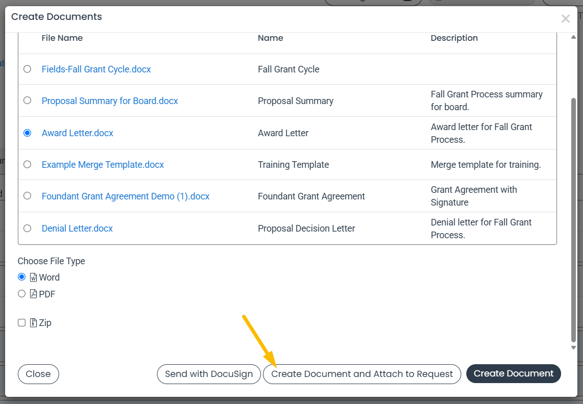 create document and attach to request