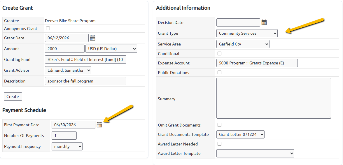 payment schedule and additional information fields
