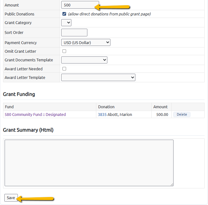 grant amount and save button