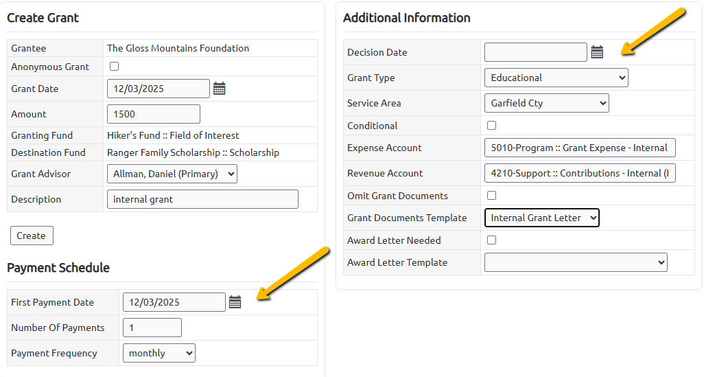 payment schedule and additional grant fields