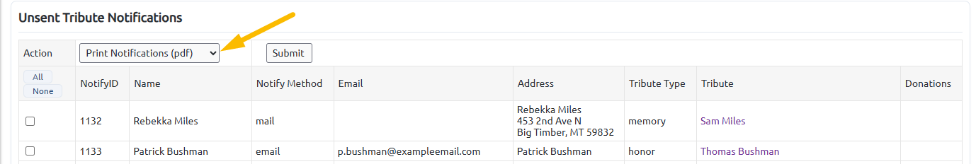 Action drop-down