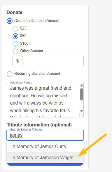 giving hub search existing tributes