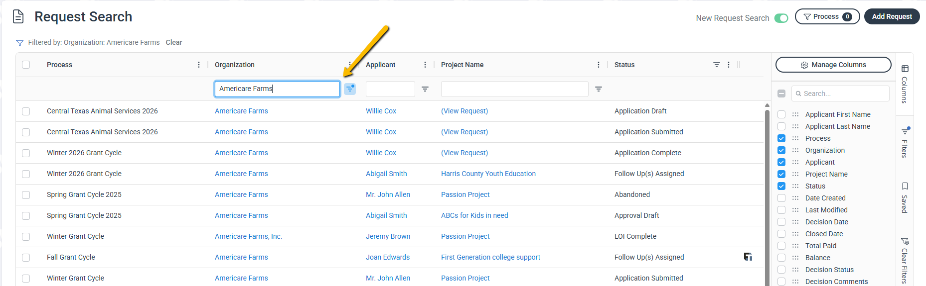 request search page