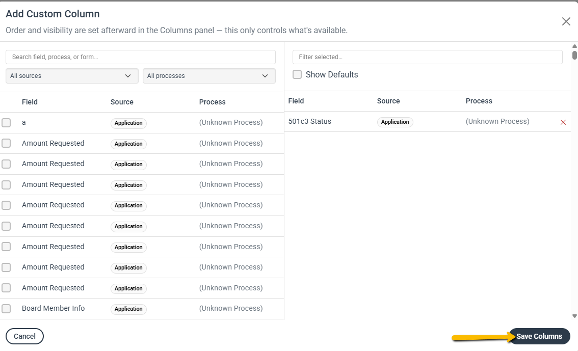 save columns button