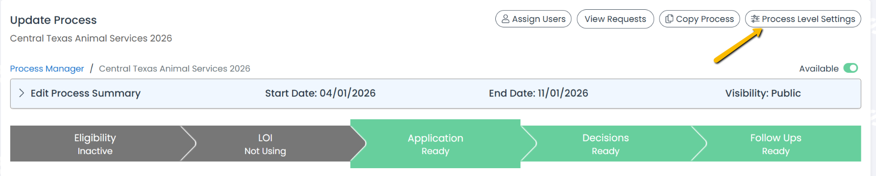 process level settings button