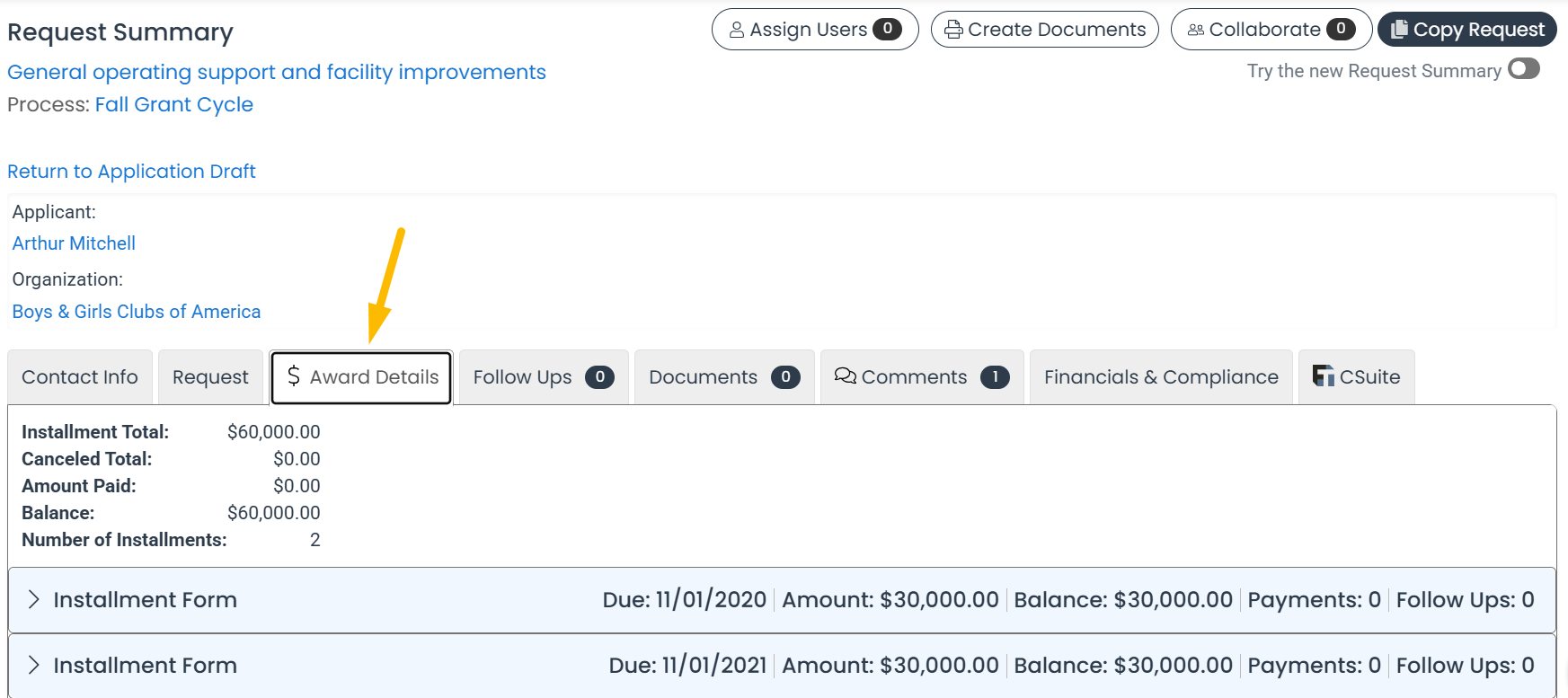 award details tab