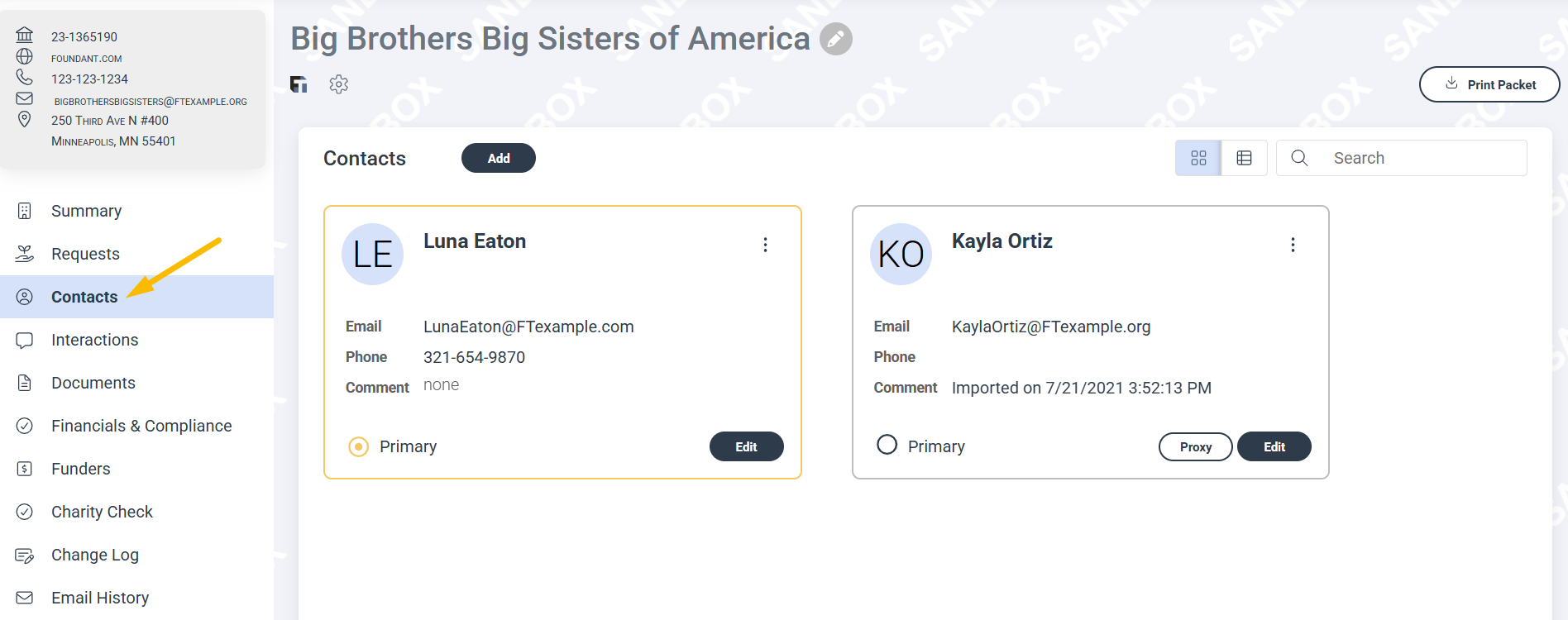 Contacts tab