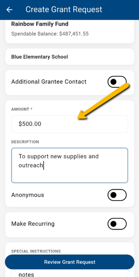 create grant request fields