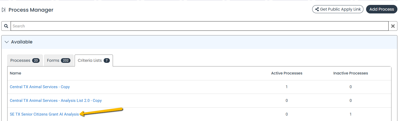 Criteria Lists tab and list name