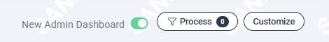 Dashboard controls showing the New Admin Dashboard toggle, Process filter button, and Customize button.