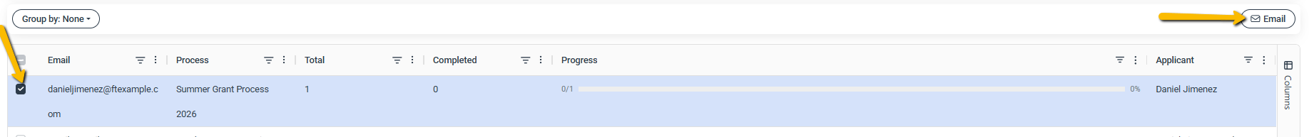 Selected row checkboxes with the Email button above the grid for sending third party emails individually or in batch