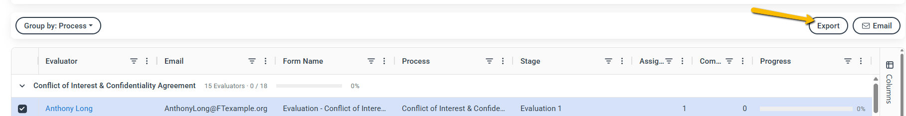 Export button above grid