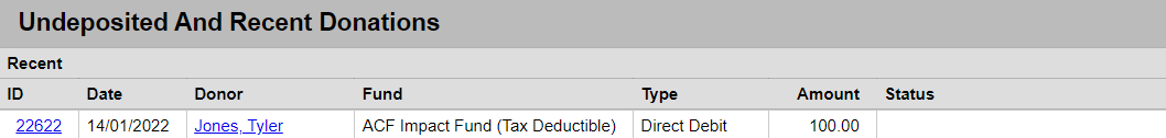 undeposited and recent donations