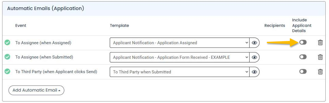 Include Applicant Details toggle