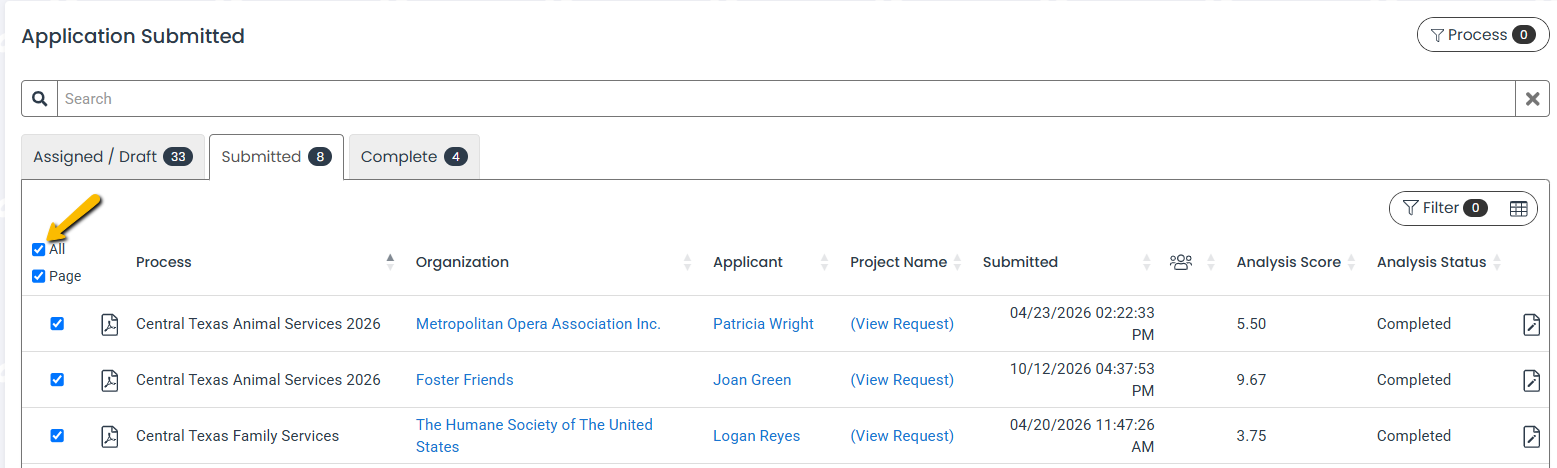 All and Page checkboxes