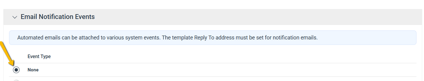 Email notification events drop-down menu