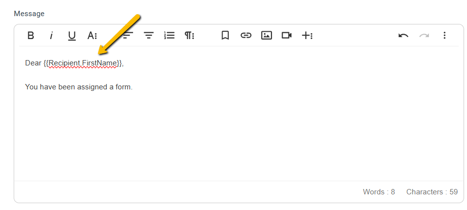 Recipient full name merge field in email body