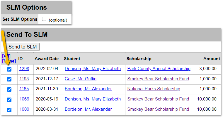 list of scholarship awards with checked boxes