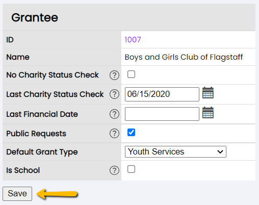 grantee field options including default grant type