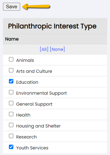 philantropic interest type list