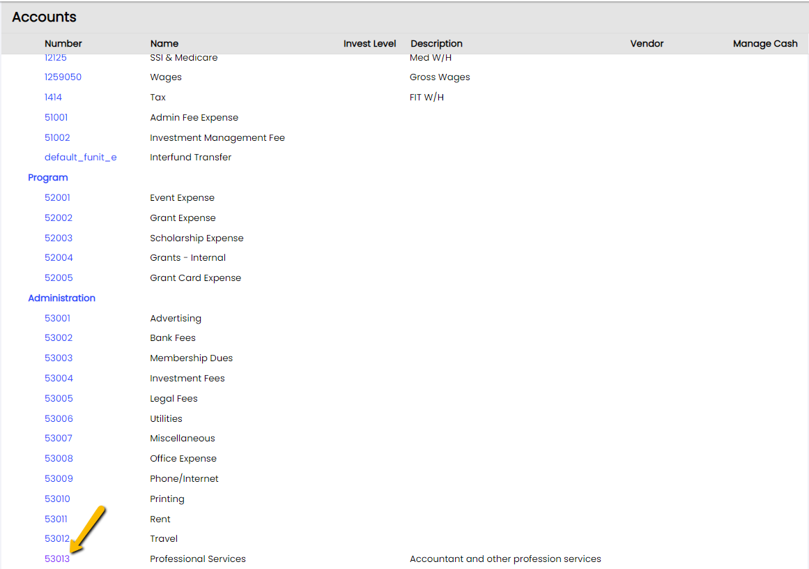 list of accounts