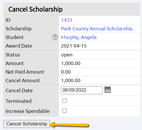 cancel scholarship
