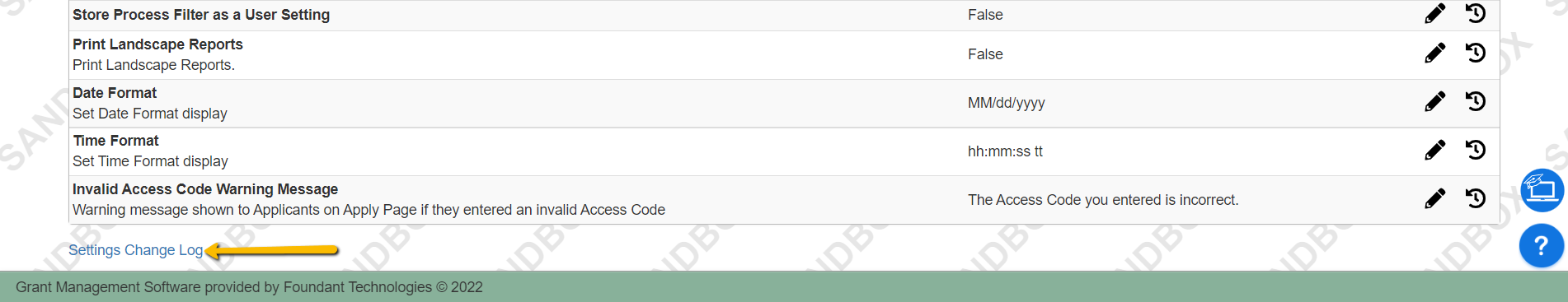 site settings change log