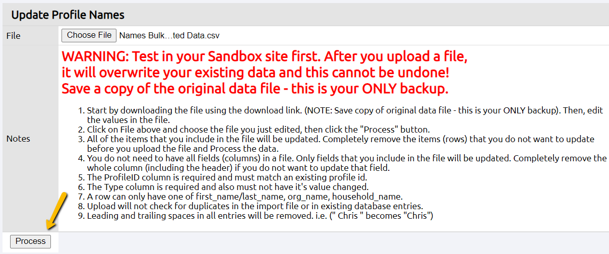 upload profile names with process button