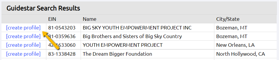 Guidestar search results